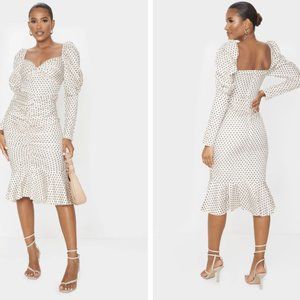 NWT Pretty Little Thing Polka Dot Puffy Sleeve Ruched Frill Hem